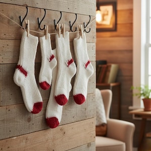 Puede incluir: Cuatro calcetines blancos de punto con talones y detalles rojos cuelgan de un tendedero. Los calcetines están suspendidos por pinzas de madera contra una pared de madera rústica. La escena evoca una estética acogedora y artesanal.