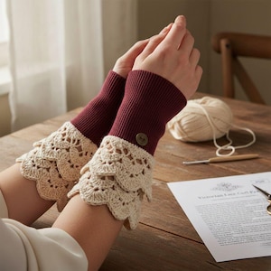 May include: Burgundy knitted wrist warmers with cream crochet lace trim. Each warmer has a decorative button and a scalloped edge. The image shows the warmers on a person's wrists.