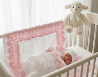 Easy Baby Blanket Pattern | Scalloped Pastel Nursery Throw | Soft Pink & White Afghan | Newborn Swaddle Blanket DIY