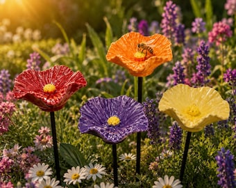 Handmade Ceramic Poppy Flower Stake | Colorful Garden Decor | Yard Art Sculpture
