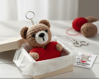 Crochet Teddy Bear Keychain Pattern | Amigurumi Heart Charm (Digital PDF Pattern)