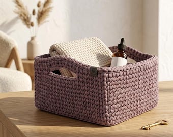 Mauve Crochet Storage Basket with Handles | Beginner T-Shirt Yarn Bin (PDF Pattern)