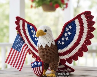 Patriotic Bald Eagle Amigurumi | American Flag Wings Bird DIY | July 4th Heroic Eagle Decor | Americana Tabletop Plush
