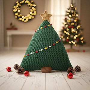 Gehaakt kerstboomkussen | Feestelijk dennenkussen DIY | Modern 3D grenen kussen | Vakantiebos woondecoratie | Digitaal pdf-patroon voor beginners