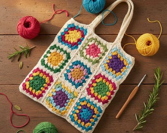 Granny Square Crochet Tote Bag Pattern | Colorful Boho Shoulder Bag (Digital PDF)