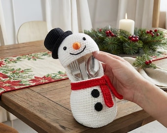 Crochet Snowman Cutlery Pouch Pattern | Festive Utensil Holder DIY (Digital PDF)