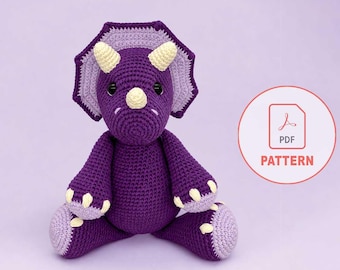 Triceratops Crochet Pattern | Purple Dino Amigurumi | Three-Horned Dragon DIY | Nursery Prehistoric Decor | Beginner Digital PDF Pattern