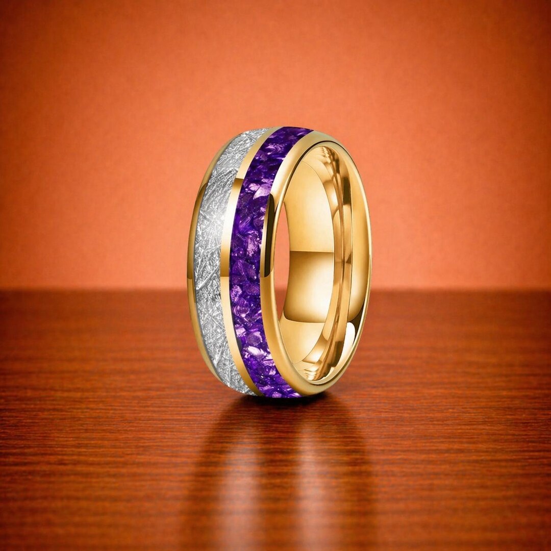 Gold Wedding Band Ring Purple Inlay Amethyst Style Mens Ring Unique ...