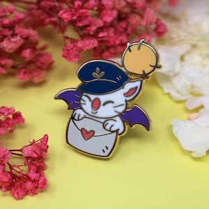 May include: A white cat wearing a blue hat and holding a white envelope with a red heart. The cat has purple bat wings and a yellow bird is flying above its head. The cat is a cartoon character.
