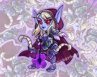 May include: A sticker featuring a cartoon illustration of a female elf with purple skin, red eyes, and blonde hair. She is wearing a blue and purple armor, a red hooded cloak, and holding a bow and arrow. The background is a purple and white pattern.