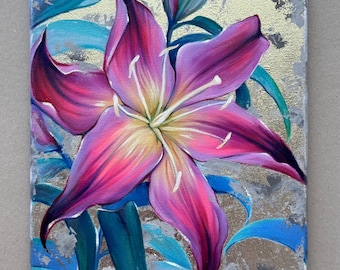 May include: A rectangular canvas painting featuring a vibrant magenta and purple lily flower with white stamens. The background is composed of textured gold and silver leaf accents, with deep teal and blue leaves surrounding the central bloom.