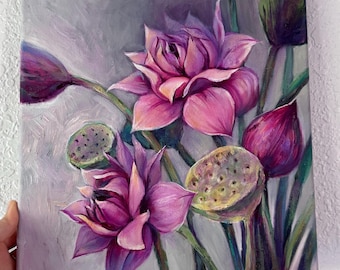 May include: An oil painting on canvas depicting vibrant magenta and purple lotus flowers in various stages of bloom, alongside several green seed pods. The composition features long green stems against a textured, muted gray background.