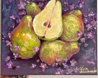 May include: Oil painting of pears and purple flowers on a dark background. The painting features several green and red pears, with one cut open to reveal the inside. Small purple flowers are scattered around the pears, and the artist's signature is visible.