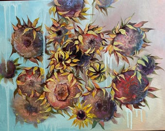 May include: An oil painting on canvas depicting a cluster of sunflowers with dark, moody purple and brown centers and yellow-tipped petals. The background features a soft gradient from light blue to pale pink with white paint drips.