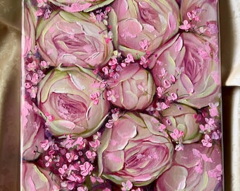 May include: An oil painting on canvas featuring a dense arrangement of layered pink and pale green rose blossoms. Small clusters of tiny pink flowers are interspersed between the larger roses. The artist's signature is visible in the bottom right corner.