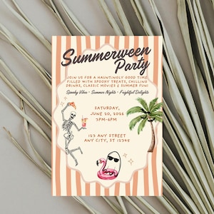 May include: A rectangular party invitation with a cream-colored center and orange striped borders. It features the text Summerween Party, a skeleton holding a pizza slice and drink, a palm tree with bats, and a ghost wearing sunglasses on a pink floatie.