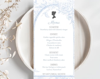 Bridgerton Blue Bridal Shower Menu, Elegant Garden Party Template, Canva Digital Download