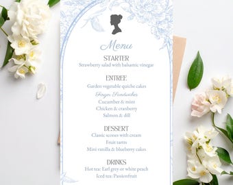 Menu para Chá de Panela Bridgerton Blue, Modelo Elegante para Festa no Jardim, Download Digital do Canva