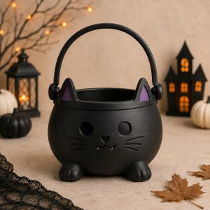 May include: A black plastic cat-shaped bucket with a handle, featuring two pointed ears with purple inner accents, round eyes, a small nose, whiskers, and two small fangs. The bucket has two small feet at the base and a smooth matte finish.