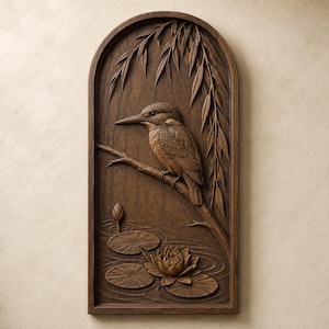 May include: A dark brown wooden wall plaque with an arched top featuring a detailed relief carving of a kingfisher bird perched on a branch above a pond with water lily pads and a single blooming lotus flower, framed by hanging willow branches.