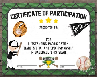 printable baseball participation certificate