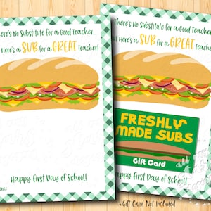AFDRUKBAAR Hier is een SUB voor een geweldige leraar! Fijne eerste schooldag! | Direct downloaden restaurantkaarthouder | Sandwich cadeaukaarthouder