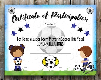 Printable Soccer Participation Certificate | Sports Award | INSTANT DOWNLOAD PDF With Fillable Fields | Soccer Award Blue Team Colors