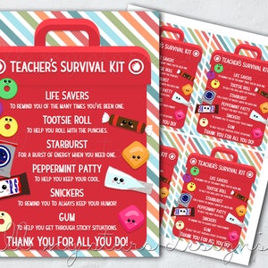 PRINTABLE Teacher's Survival Kit Tag Instant Download Teacher Appreciation Week Candy Survival Kit Rainbow Teacher Thank You Tag image 1