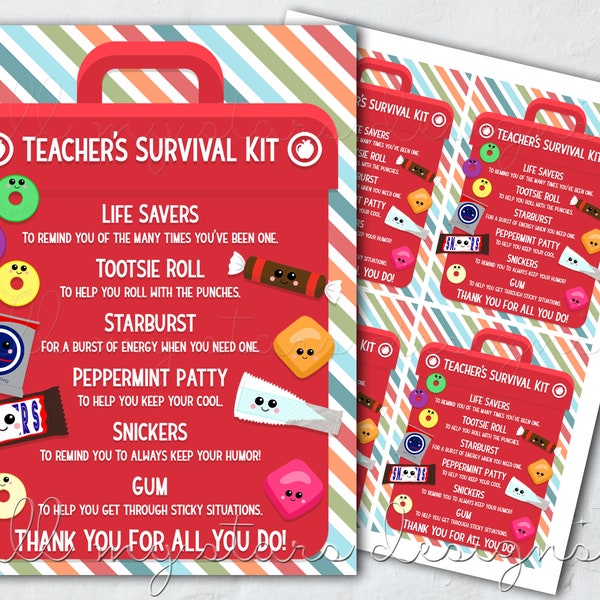 PRINTABLE Teacher's Survival Kit Tag | Instant Download | Teacher Appreciation Week  | Candy Survival Kit | Rainbow Teacher Thank You Tag