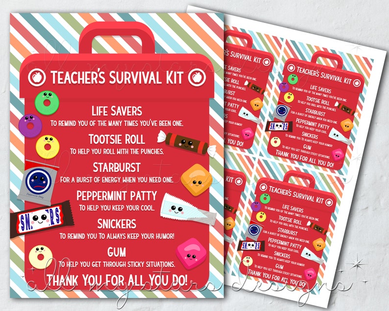 PRINTABLE Teacher's Survival Kit Tag Instant Download Teacher Appreciation Week Candy Survival Kit Rainbow Teacher Thank You Tag image 1