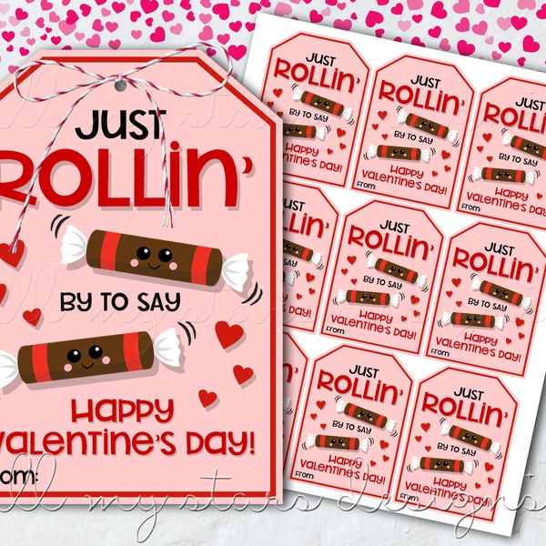 PRINTABLE Just ROLLIN' By To Say Happy Valentine's Day! Candy Tag | Instant Download | Chocolate Midgees Roll Candy | Valentine Treat Tag