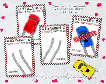 AFDRUKBARE schattige valentijnskaarten met autothema - set van 4 | Direct downloaden | Voeg gewoon speelgoedauto's toe | Wheelie Great Kid's Class Valentijnskaartenset