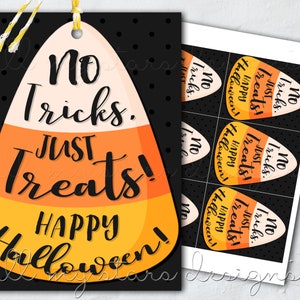 Op de afbeelding: Een printbare Halloween-snoepzaktag met een snoepmaisontwerp. De tag zegt "Geen trucs. Alleen snoepjes! Gelukkig Halloween!"
