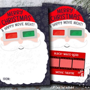 May include: A printable Christmas gift card featuring a cartoon Santa Claus wearing 3D glasses. The card says "Merry Christmas & Happy Movie Night!" and has a space to write "From:".