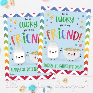 PRINTABLE I&#39;m So LUCKY You&#39;re My Friend! Happy St. Patrick&#39;s Day! Tag | Instant Download | Cereal and Milk Class Treat/Snack | Lucky Charm
