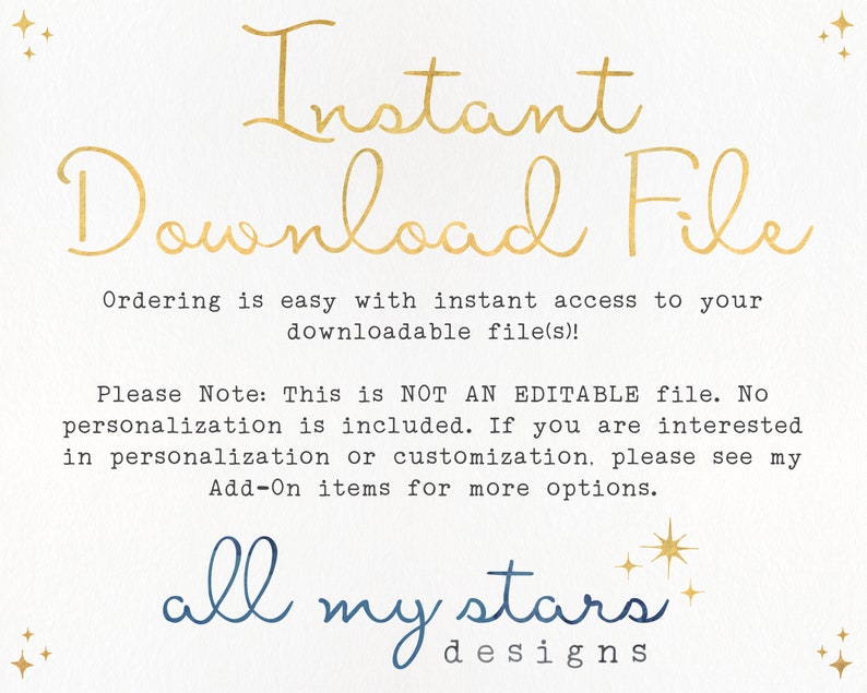 Puede incluir: Un fondo blanco con texto dorado que dice "Descarga instant&aacute;nea". El texto debajo explica que el archivo no es editable y que la personalizaci&oacute;n no est&aacute; incluida. El texto tambi&eacute;n menciona que hay art&iacute;culos adicionales disponibles para la personalizaci&oacute;n.