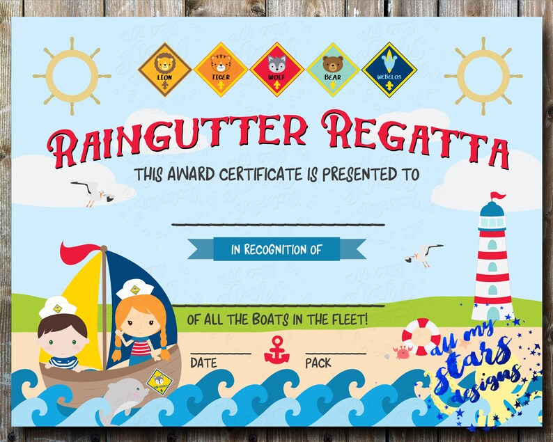 Cub Scout Boys and Girls Raingutter Regatta Award Certificate | Etsy