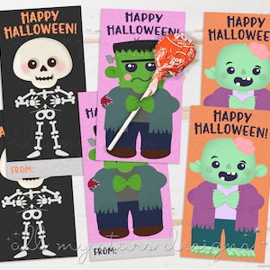 Cartões porta-pirulito monstro de Halloween para impressão - conjunto de 3 | Download instantâneo | Suporte de cartão de doces do Dia das Bruxas | Esqueleto Zumbi Frankenstein