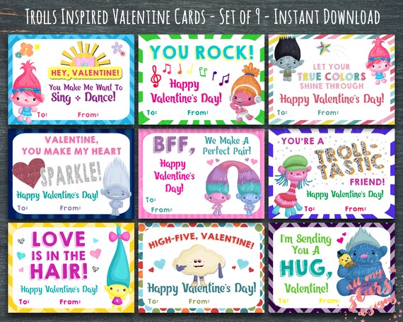 Trolls Valentine Cards Set of 9 Classroom Valentines | Etsy