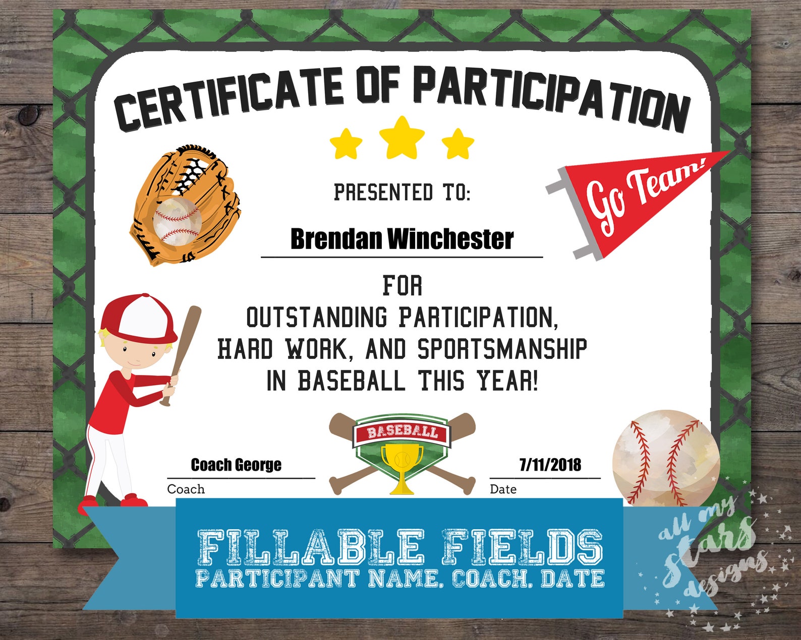 Printable Tball Participation Certificate Sports Award Etsy