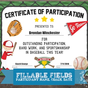 Printable T-ball Participation Certificate | Sports Award | INSTANT ...