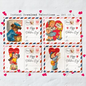 Carte postale vintage à imprimer pour la Saint-Valentin - Lot de 4 | Téléchargement instantané | Saint-Valentin rétro | Cartes Candy Gram | Saint-Valentin