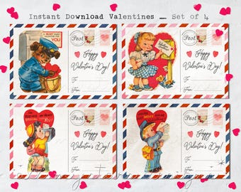 PRINTABLE Vintage Style Postcard Valentines - Set of 4 | Instant Download | Retro Valentine Grams | Candy Gram Cards | Class Valentines