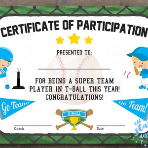 Printable T-ball Participation Certificate | Sports Award | INSTANT ...