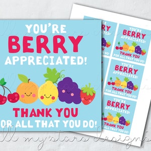 IMPRIMABLE Vous êtes BERRY apprécié ! Merci pour tout ce que vous faites! Étiquette | Téléchargement instantané | Étiquette de friandise aux fruits | Étiquette cadeau sur le thème des fruits