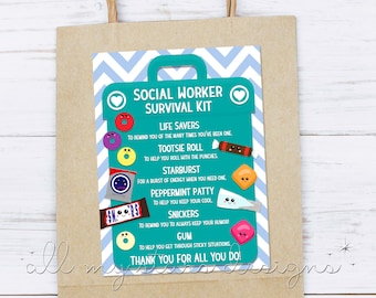 Etiqueta imprimible para kit de supervivencia de trabajador social / Descarga instantánea / Mes de agradecimiento al trabajo social / Etiqueta de agradecimiento para kit de supervivencia de Candy Gram