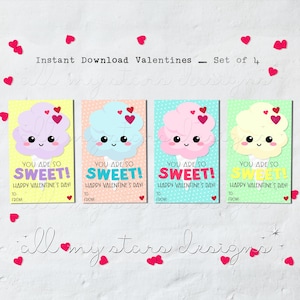 AFDRUKBARE schattige suikerspin-valentijnskaarten - set van 4 - You Are So Sweet! | Direct downloaden | Tags suikerspintraktatie | Valentijnslessen voor kinderen