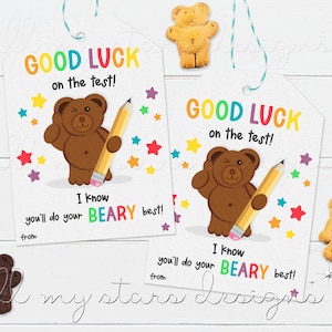 IMPRIMABLE Bonne chance pour le test ! Je sais que vous ferez de votre mieux BEARY ! Balise | Téléchargement instantané | Étiquette de biscuit Graham en forme de nounours | Test scolaire