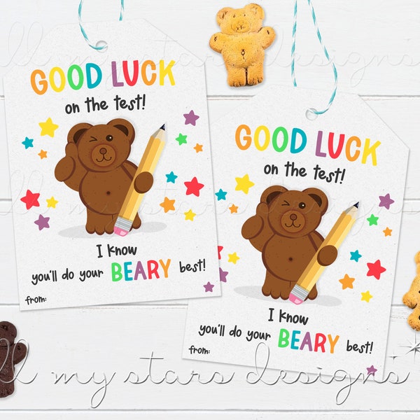 PRINTABLE Good Luck On The Test! I Know You'll Do Your BEARY Best! Tag | Instant Download | Teddy Shaped Graham Cracker Tag | School Testing
