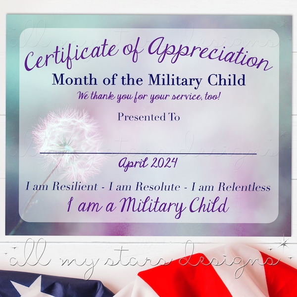 PRINTABLE Month of the Military Child 2024 Certificate of Appreciation Award | Instant Download | 8.5" x 11" PDF with Fillable Name Field